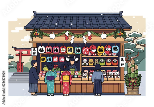 Japanese shrine scene with people lanterns lucky cats daruma dolls and a torii gate in a snowy setting
