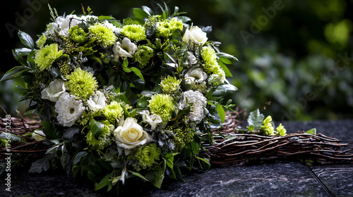 White and green floral arrangement in shape of a heart, woven wreaths made from twigs, arranged for a funeral ceremony, dark marble tombstone, all souls’ Day, all saints’ day theme. Cemetery decoratio