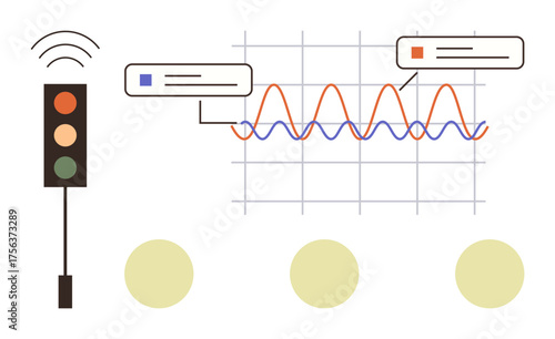 Traffic light emitting signals next to a line graph with data points and text boxes. Ideal for connectivity, transportation, data analysis, communication, technology, statistics, smart systems