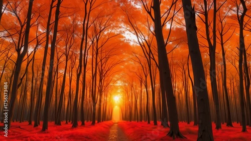 Mystical Forest with Fiery Orange Leaves and a Glowing Pathway Under a Vibrant Sunset Sky