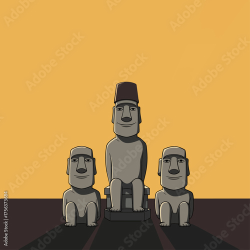 Cute cartoon Moai statues on platform at sunset Rapa Nui Easter Island illustration, ancient Polynesian civilization monolith stone idols flat vector

