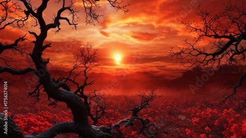 Dark Gnarled Trees Silhouetted Against Fiery Sunset Over Misty Red Landscape
