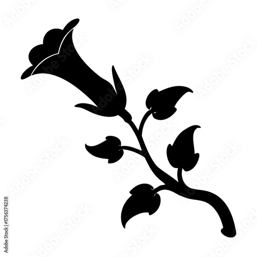 Vector art of black silhouette of a single bellshaped flower on a stem with leaves