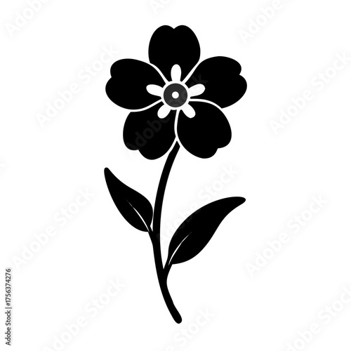 Vector art of black silhouette of a single forgetmenot flower with five petals and two leaves