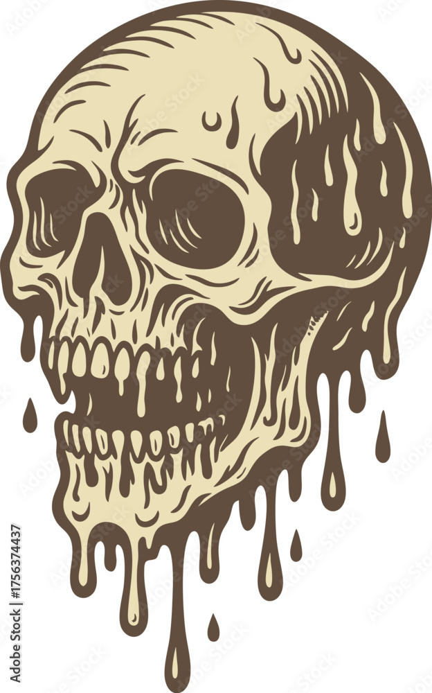 Fototapeta premium Melting Skull Vector Illustration Dripping Horror Design in Vintage Style