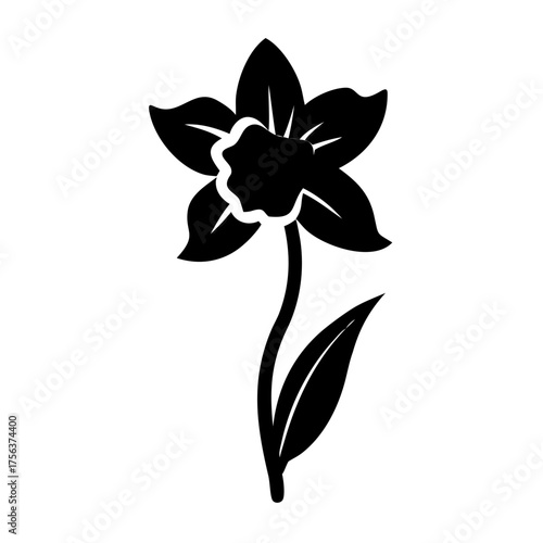 Vector art of a striking black silhouette of a single daffodil flower with leaves, isolated on a, capturing the iconic shape and natural beauty of the spring bloom in a clean vector