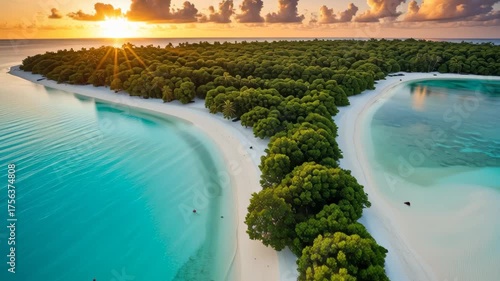 Serene Aerial View of Lush Green Island Surrounded by Crystal Clear Turquoise Water at Sunset
