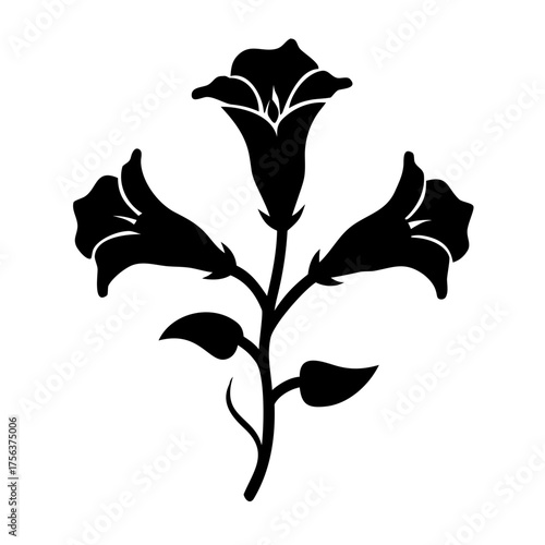 Vector art of black silhouette of a flowering plant with three bellshaped blossoms and leaves