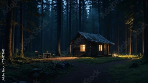 Cozy Cabin in Dark Forest Surrounded by Tall Trees and Soft Warm Light at Dusk