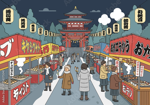 People at market stalls lead to a red pagoda beneath cloudy sky  hanging lanterns