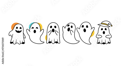 A collection of cute and spooky cartoon ghosts with different expressions and hats.