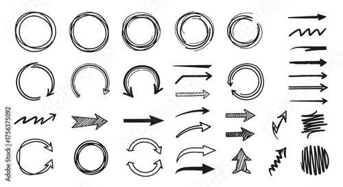 Collection of hand-drawn circular arrows and directional pointers for graphic design elements.