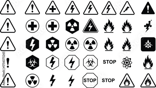 Hazard warning sign collection, danger, radioactive, electrical, biohazard, chemical and flammable safety symbols vector illustration for industrial, laboratory, and workplace caution design