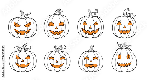 A collection of carved and smiling jack o lanterns for halloween celebrations.
