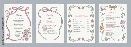 Set of spring whimsical hand-drawn pink blue orange green color frames with flowers and bows in trendy, vintage styles. Perfect for quirky holiday, wedding, birthday gift decorations