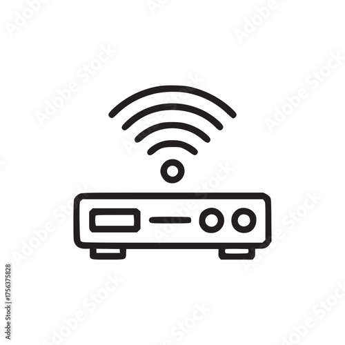 A simple line drawing of a wireless router with signal waves emanating from the top on a white background