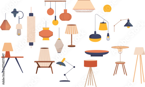 Modern interior lamp collection with various hanging, table, and floor light designs, minimalist home lighting decoration vector illustration for interior design projects