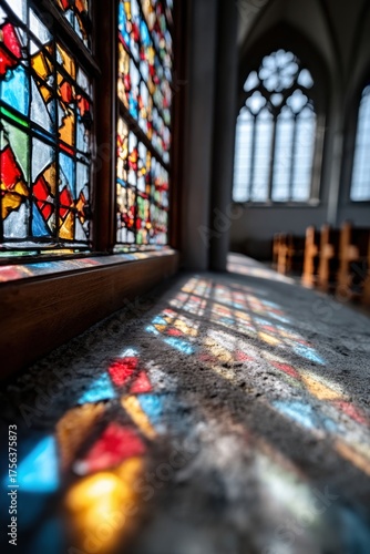 Stained glass windows casting colorful light patterns on the stone floor in an old church during the afternoon