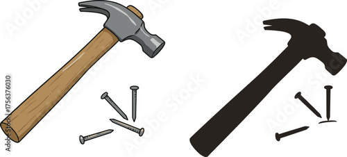 Hammer and nails with realistic wooden handle and metal head, isolated vector illustration with solid black silhouette for construction or repair tools design