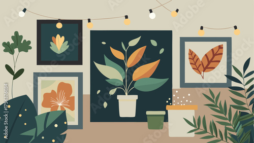 A collage of framed botanical prints adorning a wall accented with strings of fairy lights.