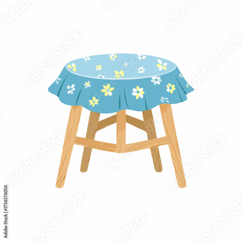 Einfacher Hocker mit blauem Blümchenstoff