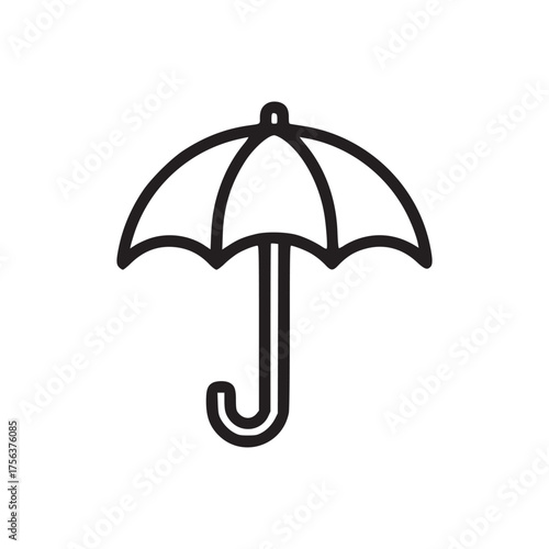 A simple line drawing of an umbrella with a curved handle on a plain white background in a minimalist style