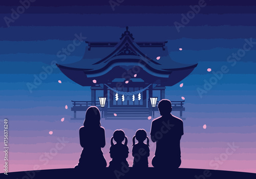 Pixel art family of four facing illuminated temple under falling cherry blossoms at dusk