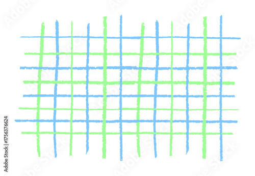 Handmade vector linear chequered pattern with wax scribble effect. Pastel paint strokes in blue and green evoke kids chalkboard school or kindergarten style for a fun backdrop or graphic use.