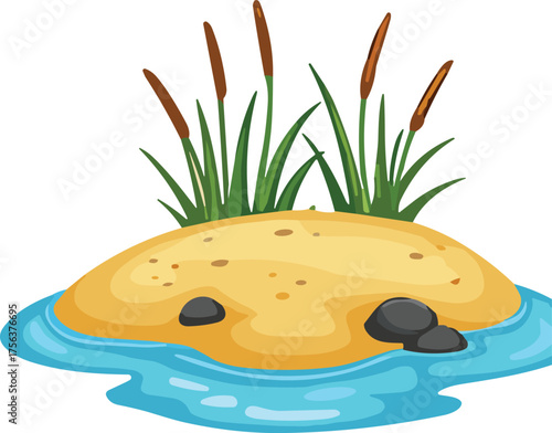 Small sandy island with green reeds and cattails surrounded by blue water and stones, natural wetland landscape vector illustration for design