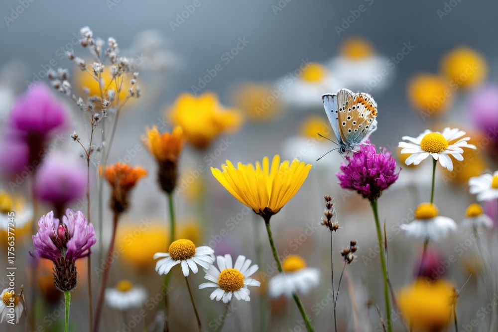 Fototapeta premium Colorful butterflies flutter among vibrant flowers in a peaceful meadow during springtime sunlight