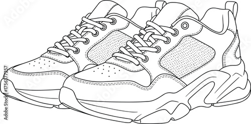 Modern chunky sneakers vector illustration, detailed outline drawing of trendy athletic footwear with thick sole, lace-up design, and fashionable streetwear style