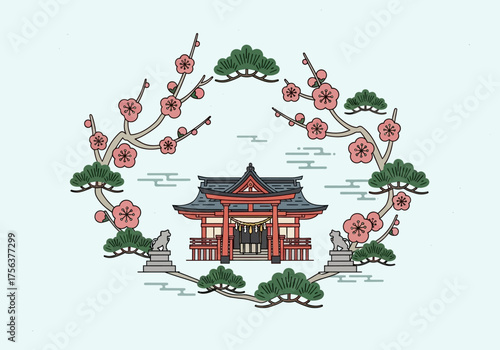 Shinto shrine flanked by guardian statues framed by cherry blossoms and pine branches on a light blue backdrop