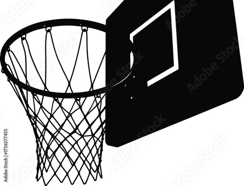 Basketball hoop and net silhouette vector illustration, isolated backboard and rim design for sports concept, black and white simple graphic art