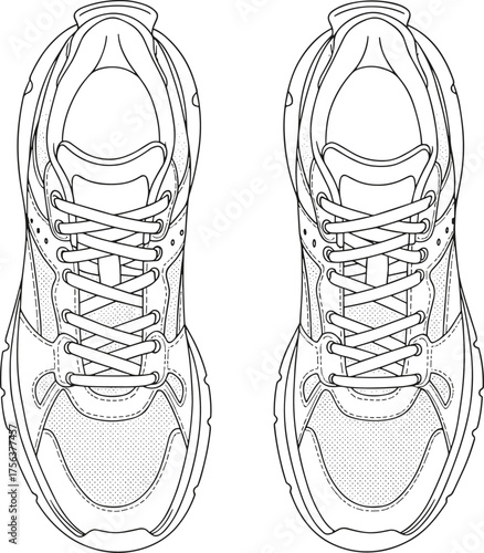 Realistic sneaker top view vector illustration, detailed running shoes outline with laces and stitching, black line art sports footwear isolated design