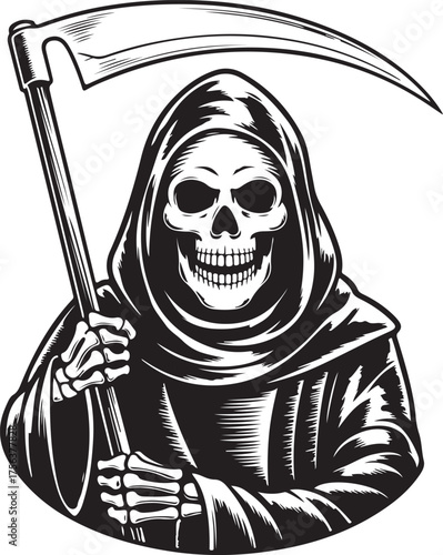Grim Reaper with Scythe – Dark Death Skeleton in Hooded Robe Illustration