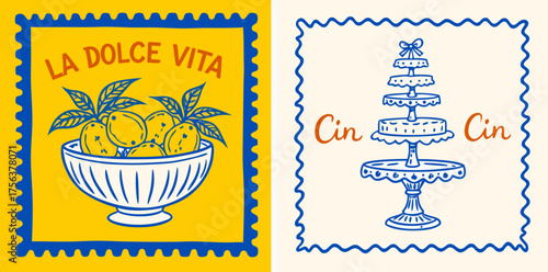 Delightful spread of hand-drawn food and drinks featuring shrimp, salads, and desserts in cheerful black and white style