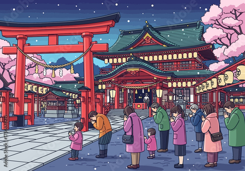 Shrine scene with people praying torii gate building complex and cherry blossoms in a snowy night