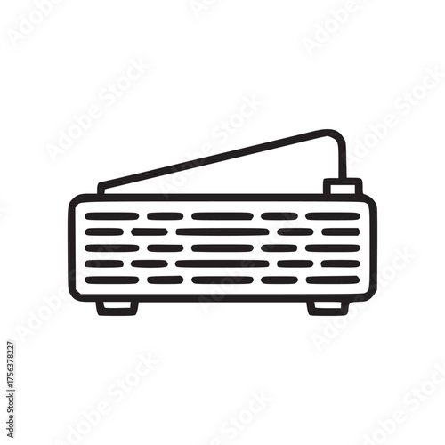 An outline drawing of a projector with a slanted top and horizontal lines for the light output area