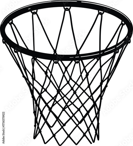 Basketball hoop with detailed net vector illustration, realistic black and white sports equipment design for basketball court, competition, or athletic background artwork