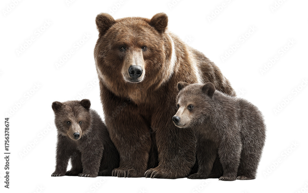 Fototapeta premium Mother Bear and Two Cubs isolated on a transparent background