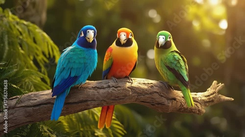Three colorful parrots perched on a branch in a lush green forest setting