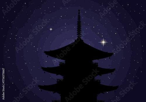 Silhouetted pagoda stands against a starry night sky