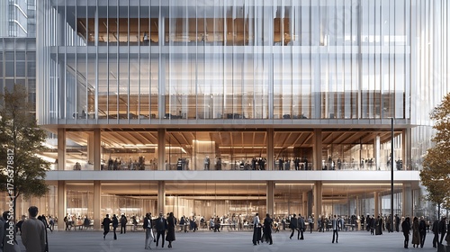Modern glass building with an open and inviting atmosphere, featuring people gathering and interacting in a public space, creating a vibrant urban scene