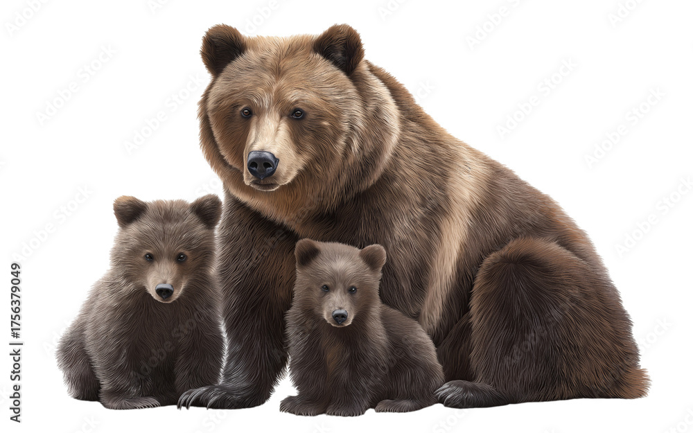 Fototapeta premium Mother bear with two cubs isolated on a transparent background