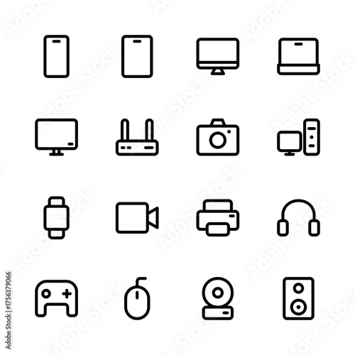 Device and technology line icon set. Mobile, Tab, Laptop, Camera, Headphone, Printer line icons. Electronic device icons. 