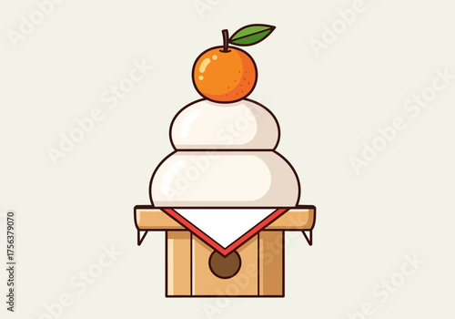 Stacked mochi rice cake with orange on wood stand white background