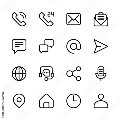 Communication line icon set. Contact icon set. Contact us, Help, Support line icons. Contact ui icons.