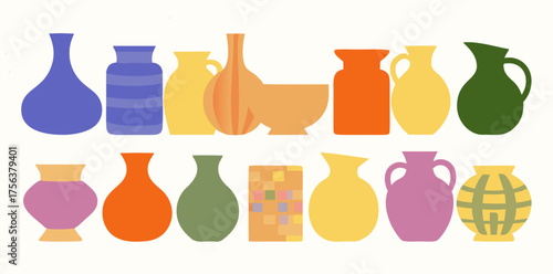 Bright and bold collection of beautifully decorated vases in a charming display perfectly capturing creative artistry