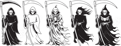 Grim Reaper Illustration with Scythe in Black Cloak, Halloween Death Symbol