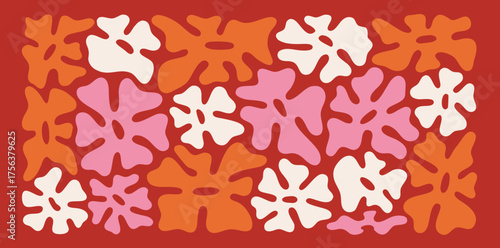 Colorful abstract floral patterns in vibrant hues bring life and energy to a bold red background, creating a joyful visual experience